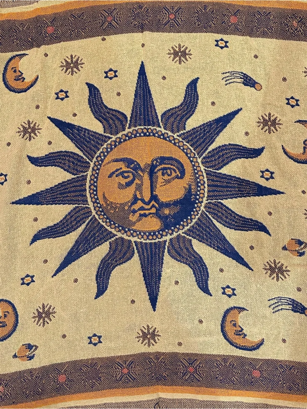 Sun and Moon Blue and Gold Tapestry Wall Hanging
